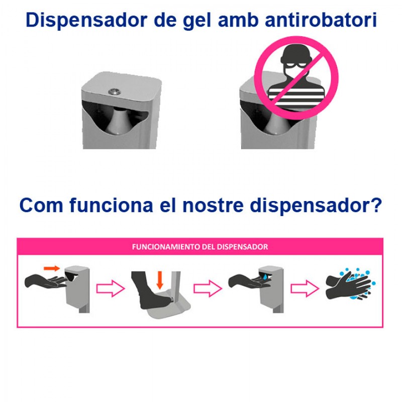 Dispensador a pedal per gel hidroalcohòlic amb antirobatori per a la COVID-19